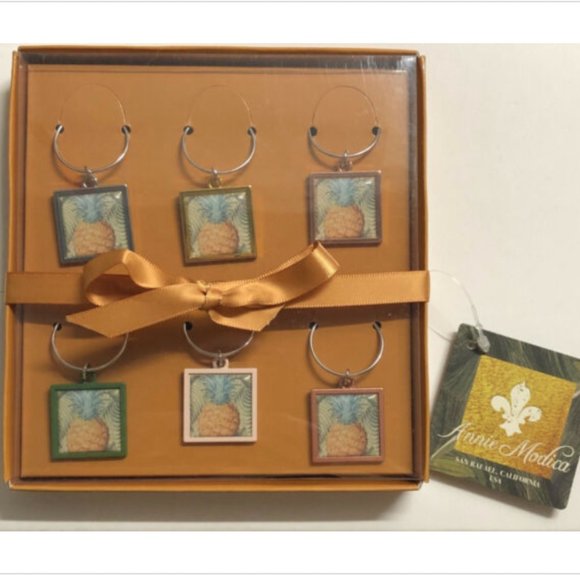 Annie Modica Pineapple Wine Charms, Set of 6  Zinc Alloy with Brass Rings - Picture 1 of 7